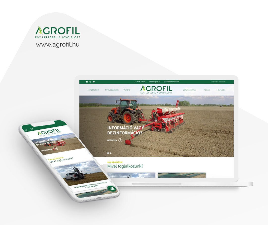 Az agrofil.hu honlapja laptopon és mobilon, a reszponzív elrendezés mindkét kijelzőn