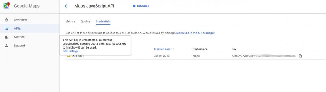 A Credentials lista az API key 1 kulccsal, a figyelmeztető ikon buborékjában az Edit settings link
