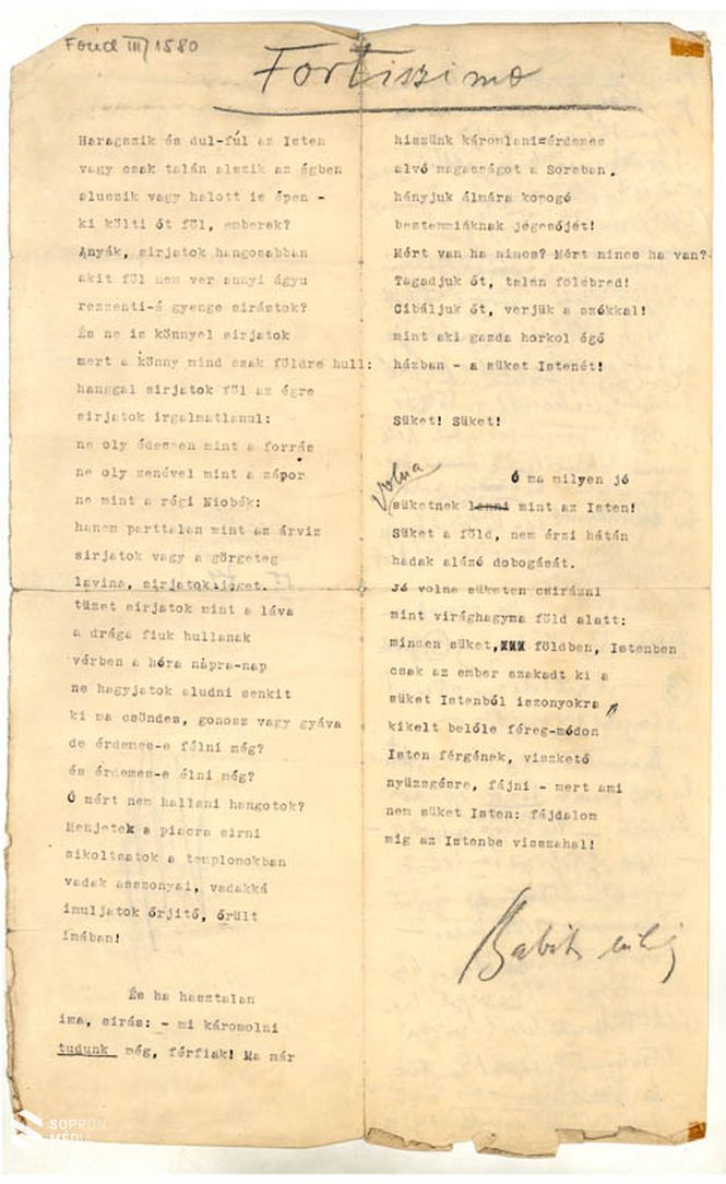 Babits Mihály: Fortissimo (gépirat, autográf aláírással)