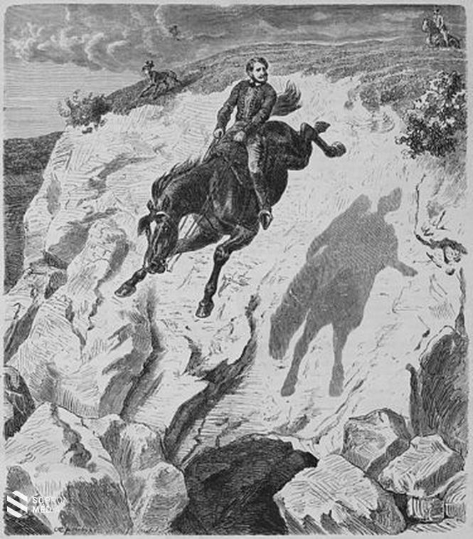 Sándor Móric lovas mutatványa, a Die Gartenlaube című német újság illusztrációja, 1866-ban 