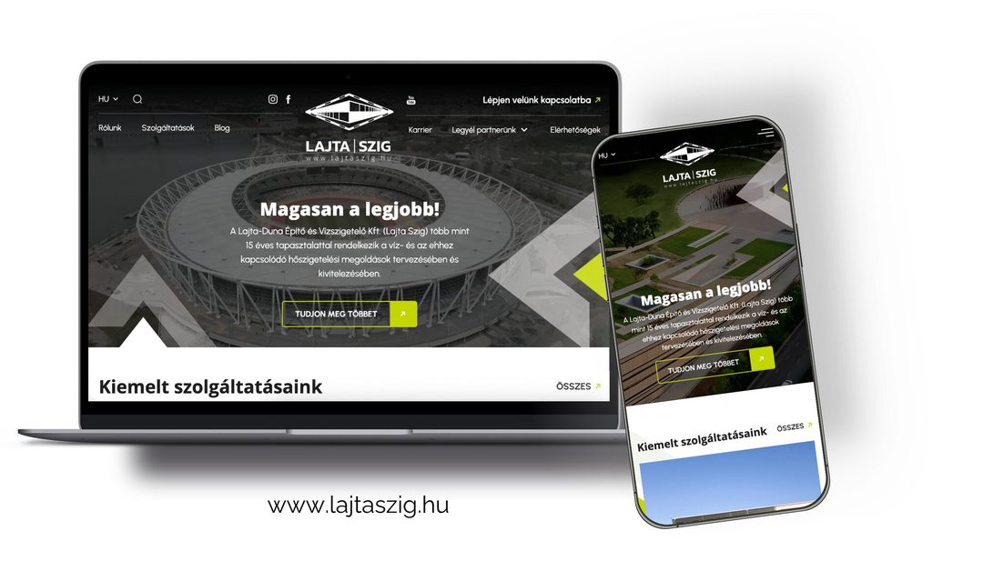 A Lajta | Szig új weboldala laptopon és mobilon, „Magasan a legjobb!” nyitóképpel