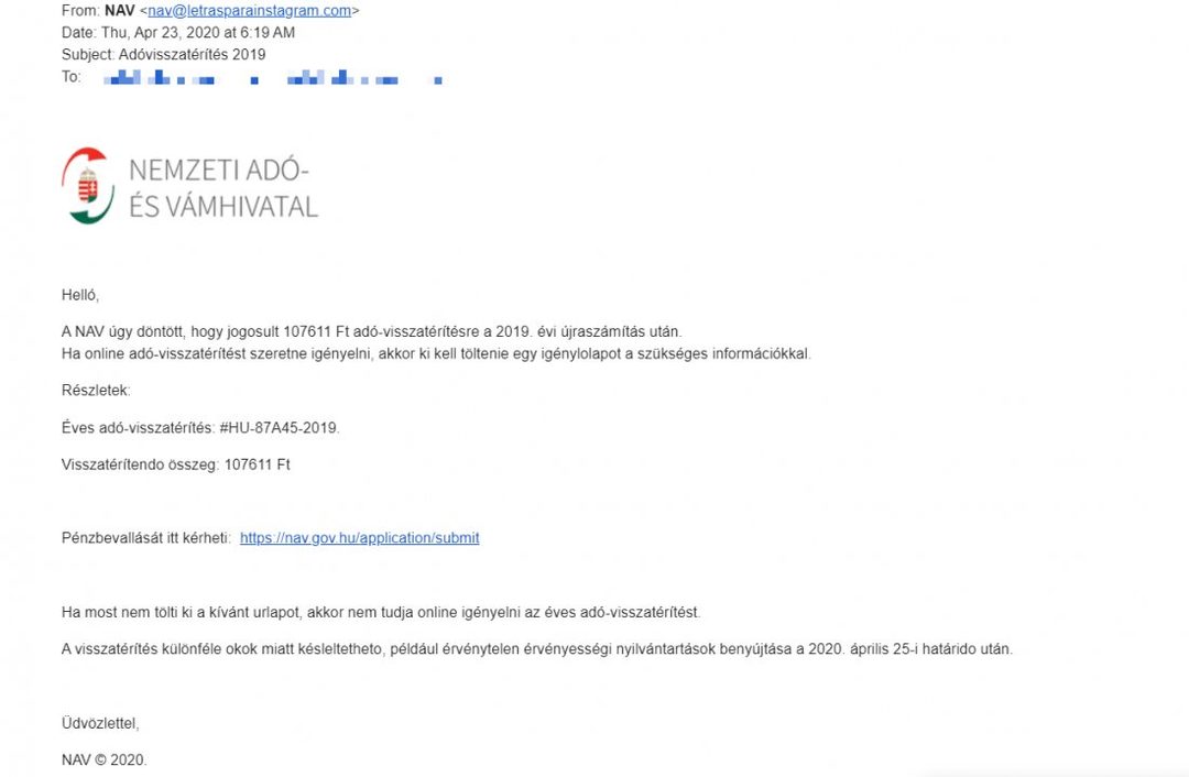 Adathalász e-mail a NAV nevében