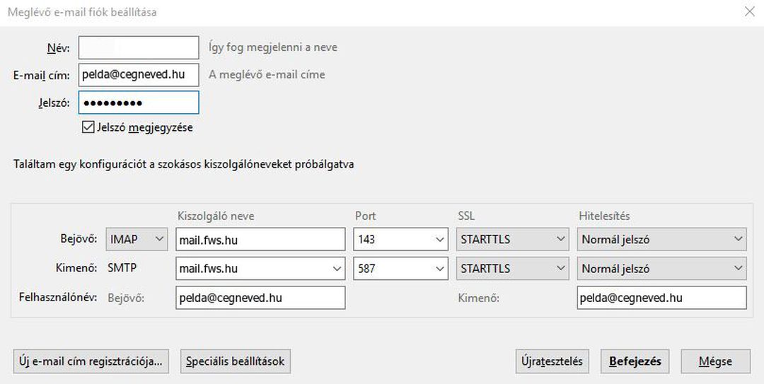 Thunderbird – kézi beállítás: bejövő IMAP mail.fws.hu 143 STARTTLS, kimenő SMTP mail.fws.hu 587 STARTTLS, felhasználónév pelda@cegneved.hu