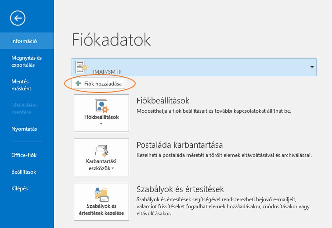 Outlook 2016 – Fájl menü, Fiókadatok: a Fiók hozzáadása gomb bekarikázva