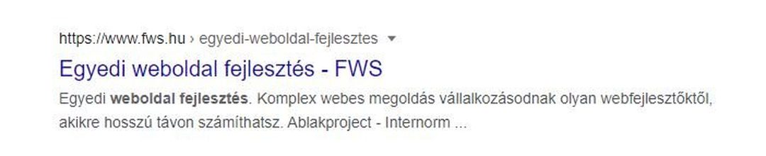 Google-találat: felül az fws.hu oldal URL-je, alatta kékkel az „Egyedi weboldal fejlesztés - FWS” cím, szürkével a leírás