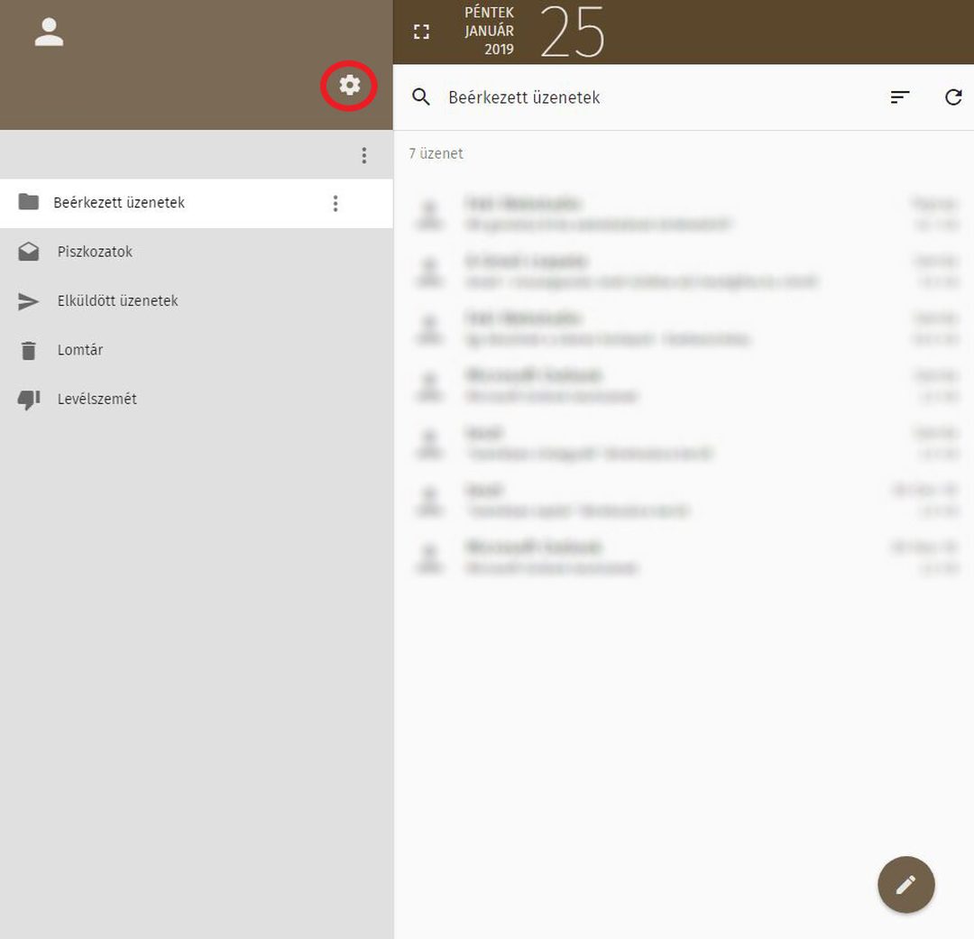 Webmail – a Beállítások fogaskerék ikonja bal felül bekarikázva