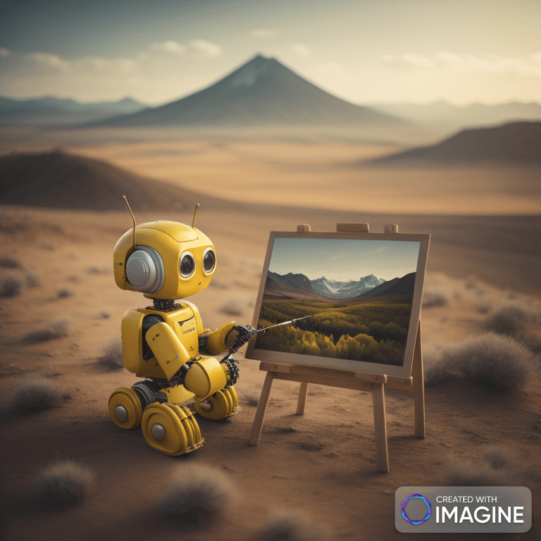 AI generálta kép egy tájképet festő robotról