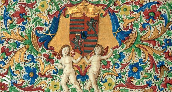 I. Mátyás magyar király hollós címere egy korvina lapján, a boglárpajzs kerek talpú, kék színű, rajta egy barna ágon áll egy jobbra forduló, fekete holló, szájában aranygyűrűt tart