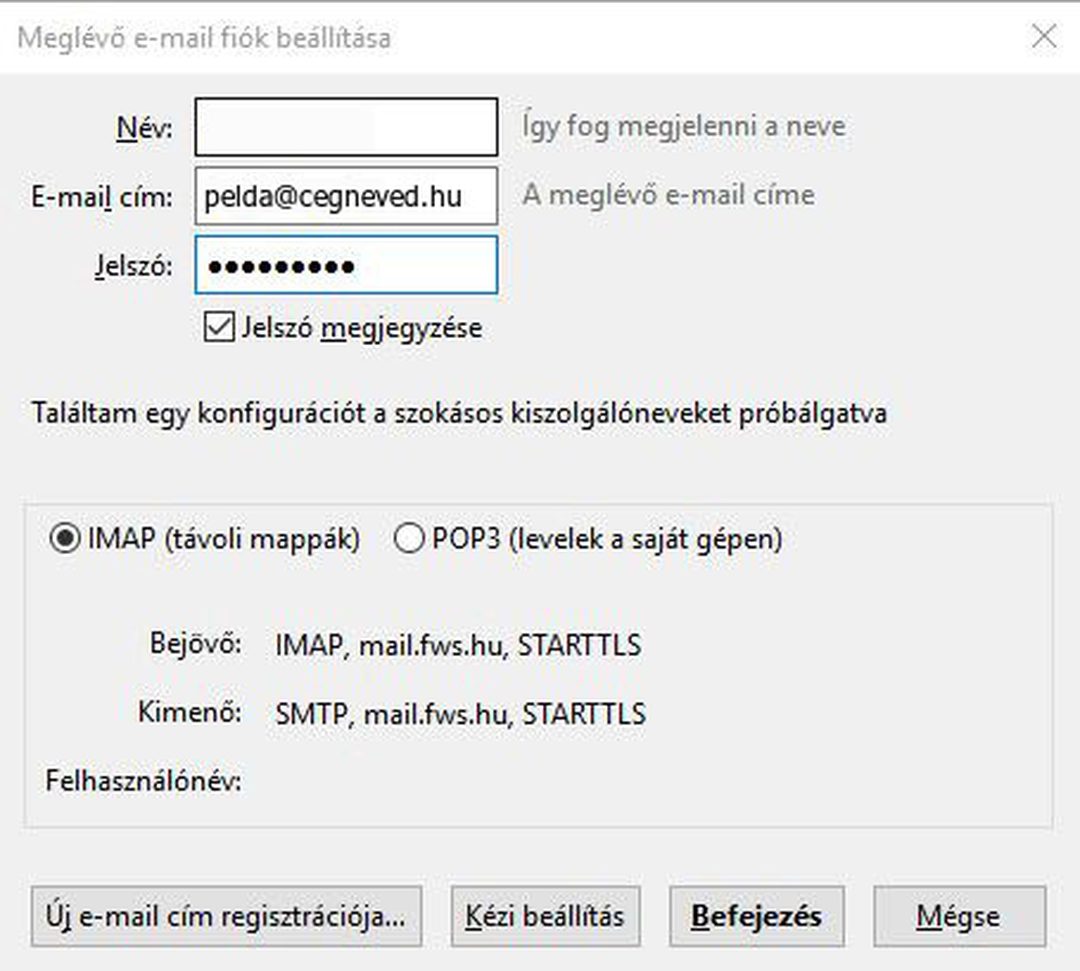 Thunderbird – a megtalált konfiguráció, az IMAP (távoli mappák) kiválasztva