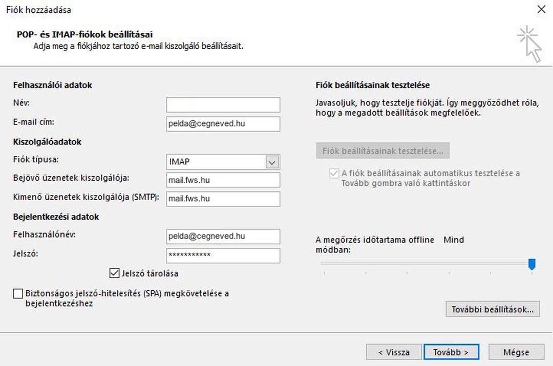 Outlook 2016 – POP- és IMAP-fiókok beállításai: e-mail cím pelda@cegneved.hu, fióktípus IMAP, kiszolgálók mail.fws.hu