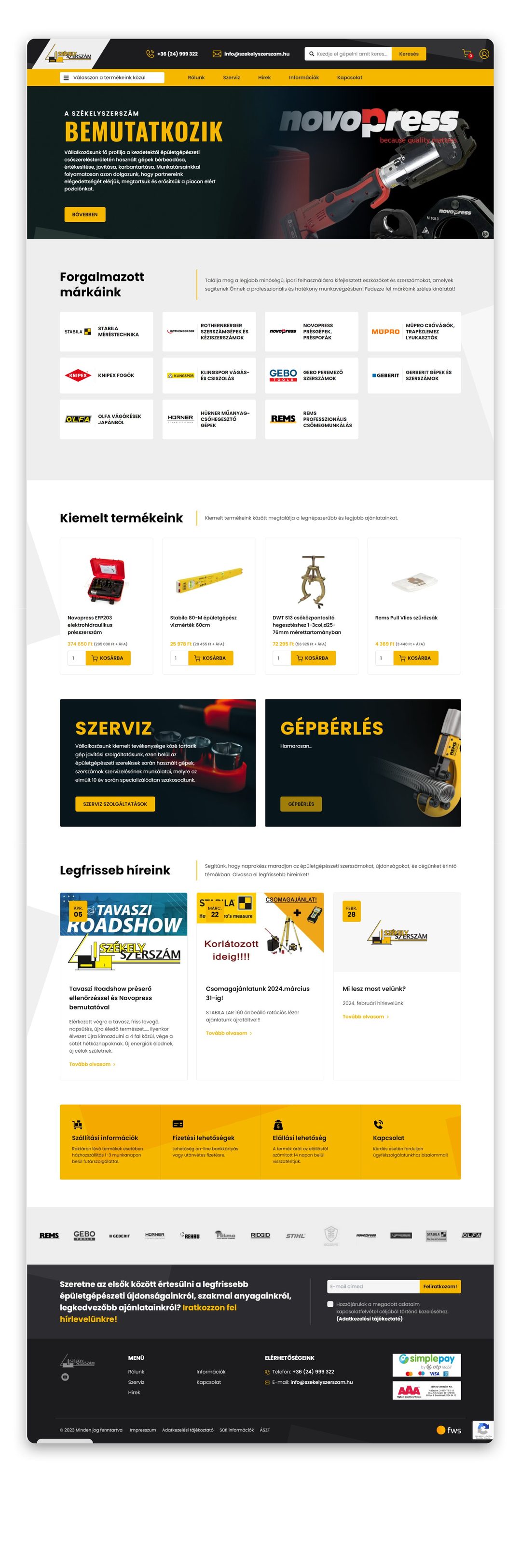 A SzékelySzerszám webshop teljes nyitóoldala: bemutatkozó szalag, forgalmazott márkák, kiemelt termékek, szerviz és gépbérlés, hírek és hírlevél-feliratkozás