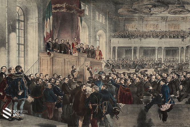 Az országgyűlés megnyitója (August von Pettenkofen színezett litográfiája Borsos József festménye alapján). Az 1848. IV. törvénycikk Pozsonyból Pestre helyezte át az országgyűlést. Az első népképviseleti országgyűlés július 5-én Pesten kezdte meg a munkáját. 