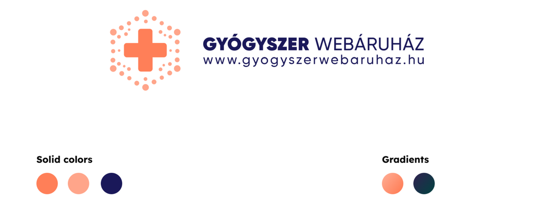 A Gyógyszer Webáruház logója – patikus kereszt körökből kirajzolt hatszögben – és a színpaletta: korall, barack és sötétkék tömör színek, valamint két színátmenet