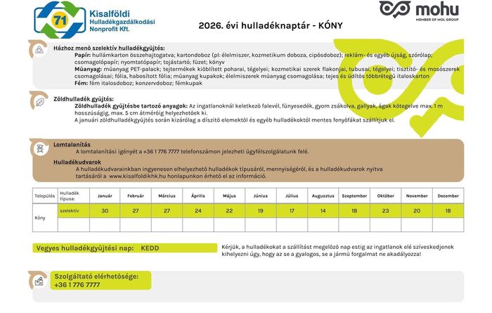 2026. évi szelektív hulladéknaptár