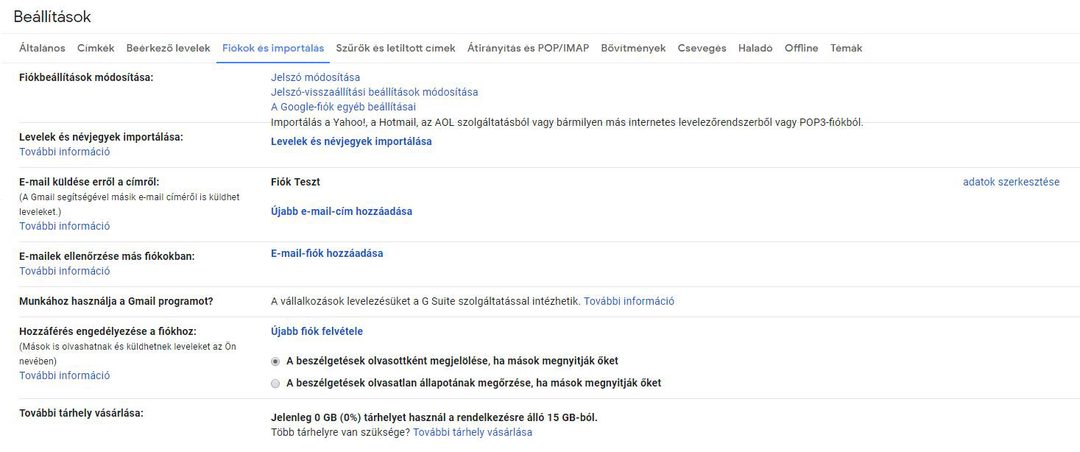 Gmail beállítások – a Fiókok és importálás fül