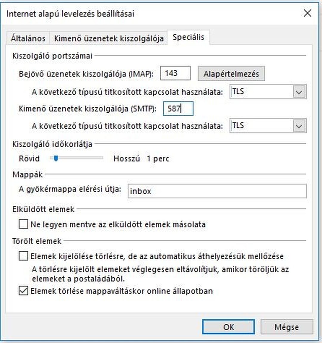 Outlook 2016 – Speciális fül: IMAP port 143, SMTP port 587, TLS titkosítás, gyökérmappa: inbox