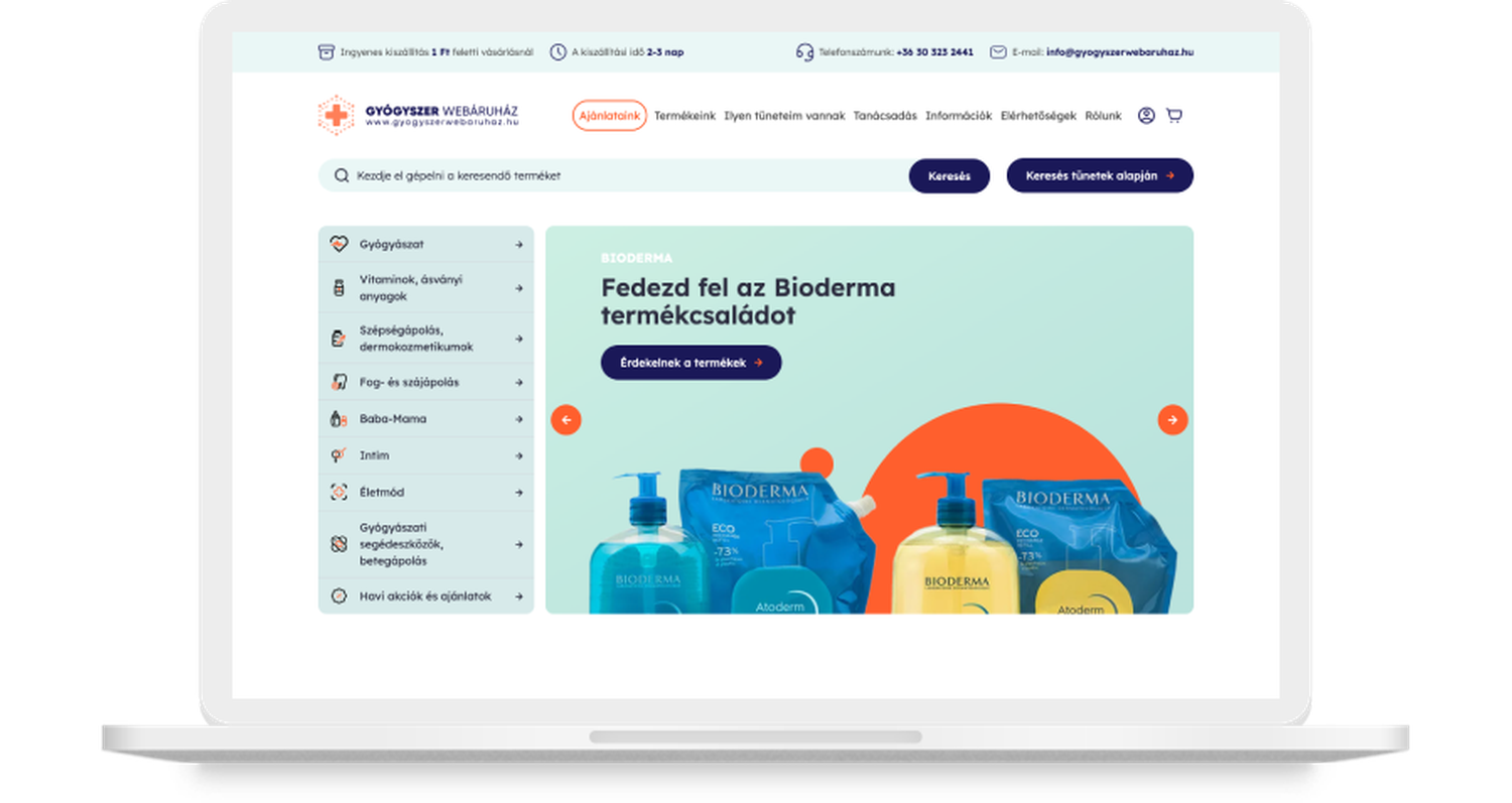 Gyógyszer Webáruház weboldalának asztali nézete