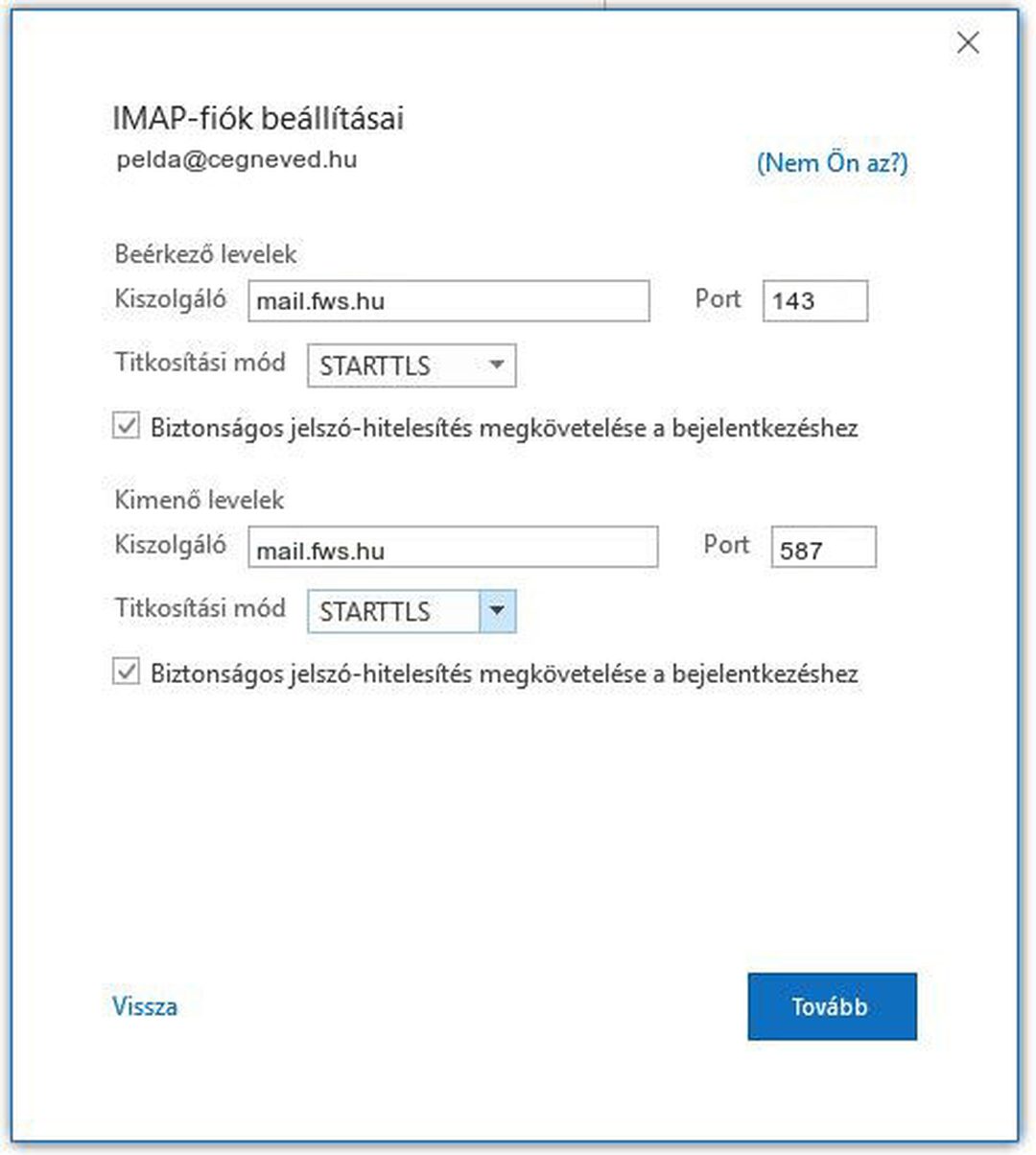 Outlook 2019 – IMAP-fiók beállításai: kiszolgáló mail.fws.hu, port 143 és 587, titkosítás STARTTLS