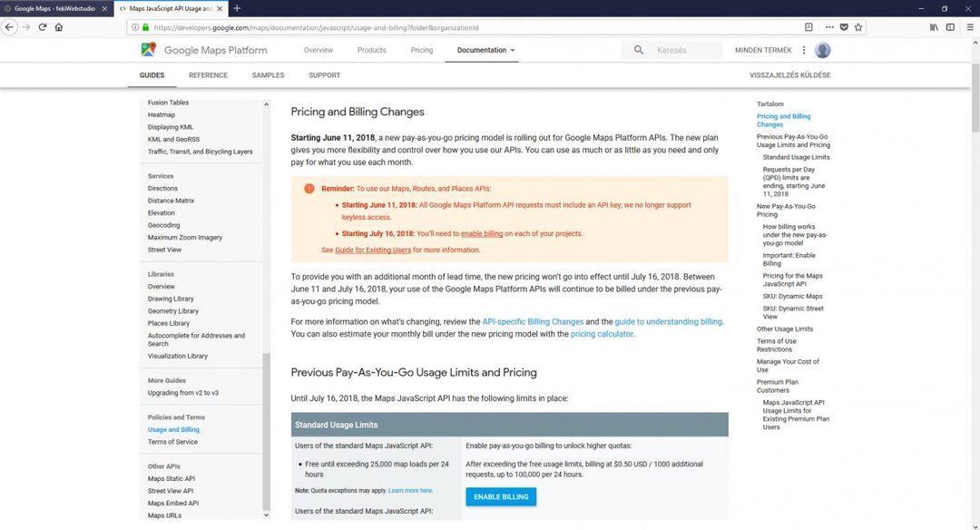 A Maps JavaScript API Usage and Billing dokumentációs oldala, a díjszabási táblázatban az Enable Billing gombbal