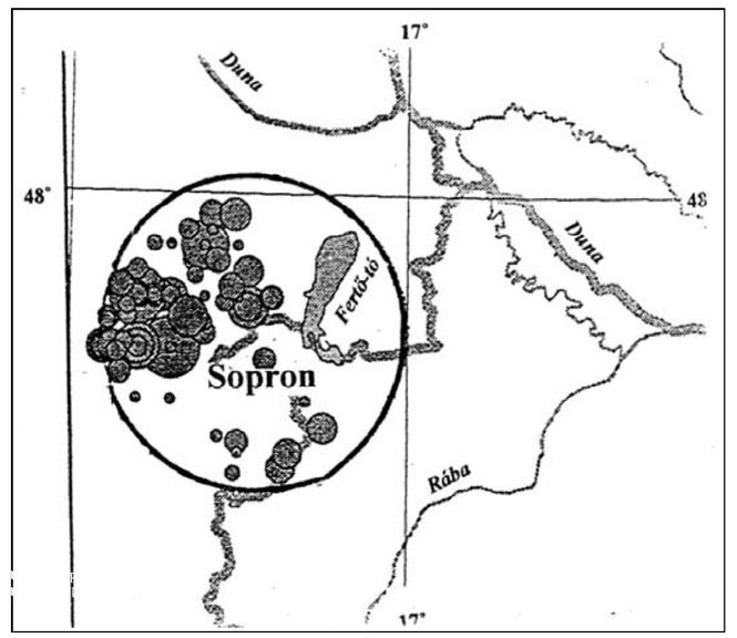 A Sopron, mint középpont körül rajzolt 30 km sugarú körön belül kipattant földrengések feltételezett epicentrumainak területi elhelyezkedése