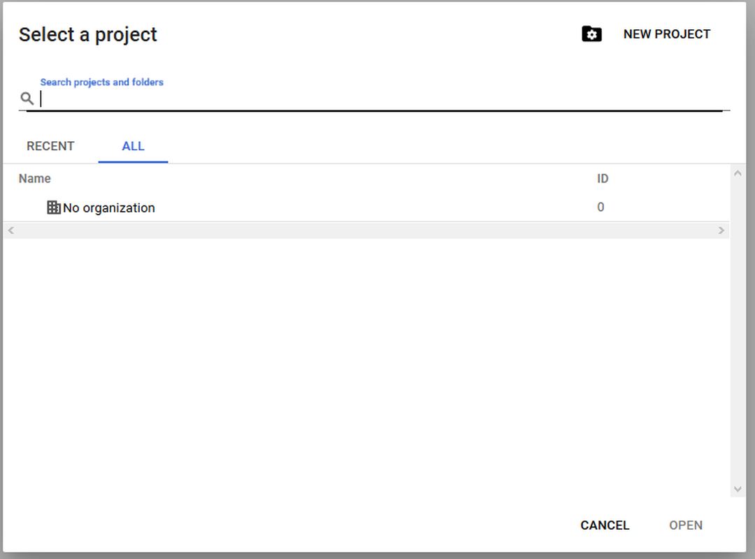 A Select a project ablak üres projektlistával, a jobb felső sarokban a New Project gomb