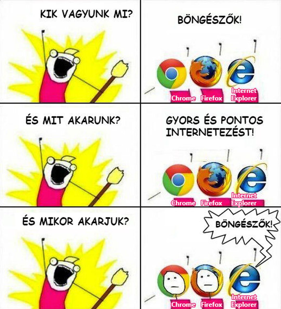 Mém: „Kik vagyunk mi? Böngészők!” – a Chrome és a Firefox már végzett, az Internet Explorer csak most kiáltja, hogy böngészők