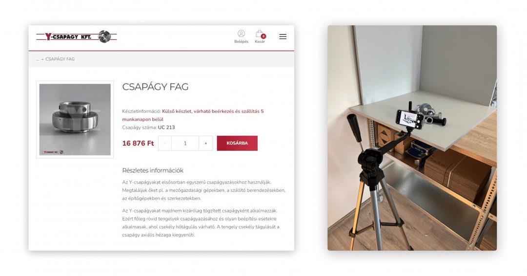 Bal oldalon a kész termékadatlap egy FAG csapággyal, jobb oldalon a házi fotósarok: állványra rögzített telefon és semleges háttér előtt a termék