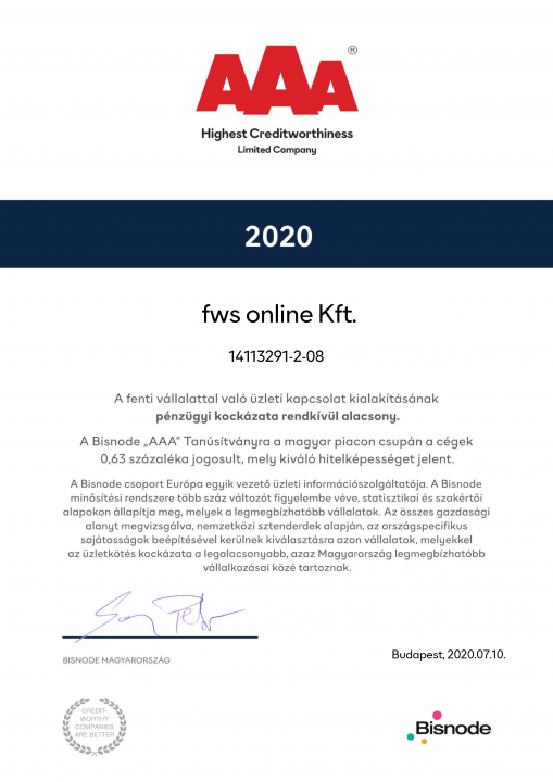 Webfejlesztő csapatunk 2020-ban megkapta a Bisnode AAA tanúsítványát