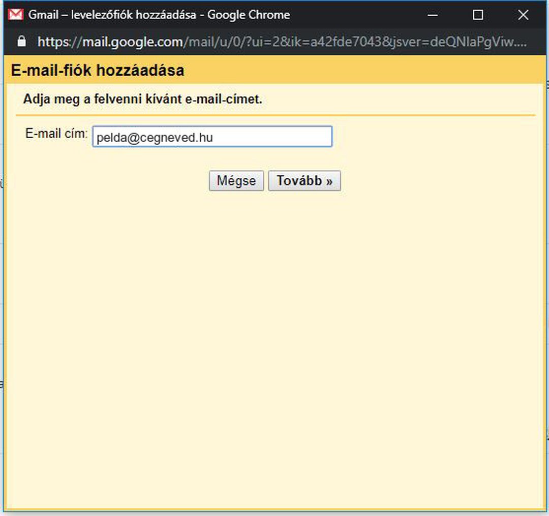 Gmail – E-mail-fiók hozzáadása ablak, az E-mail cím mezőben: pelda@cegneved.hu