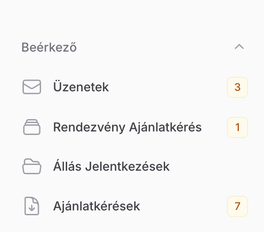 Az admin beérkező mappái: üzenetek, rendezvény-ajánlatkérés, állásjelentkezések és ajánlatkérések számlálóval