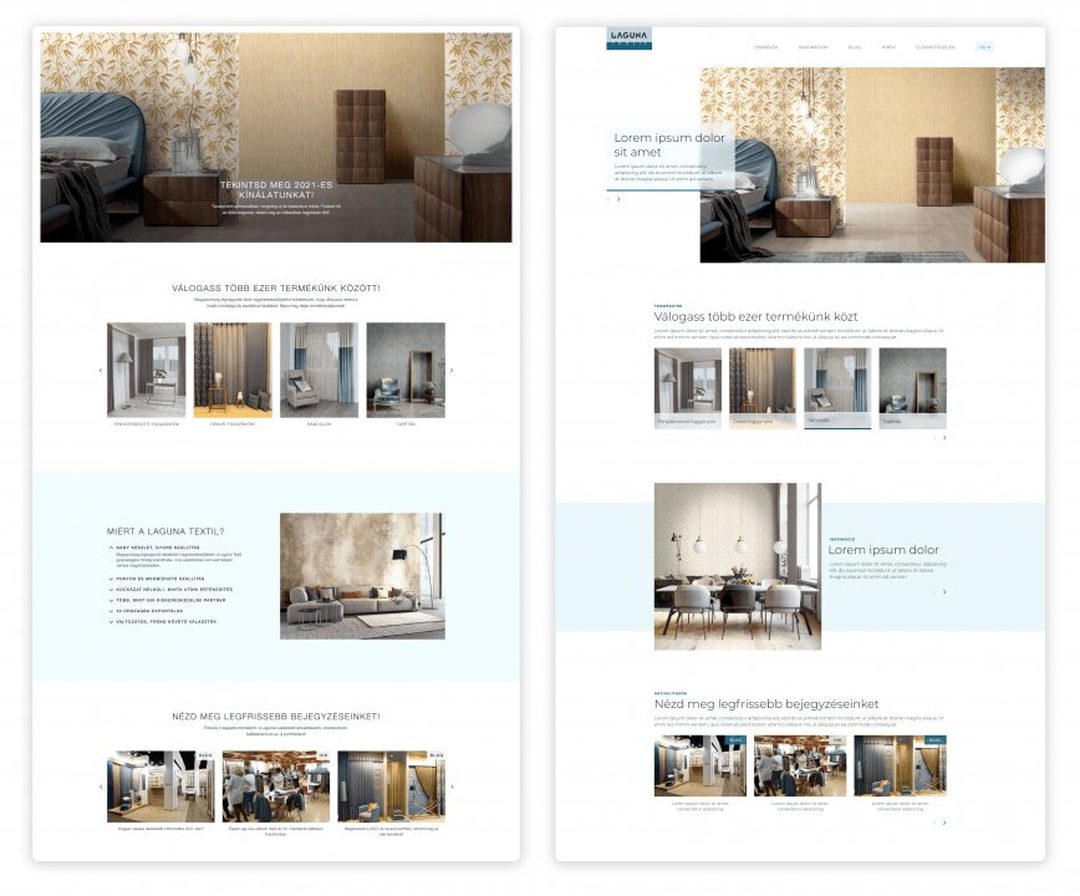 A Laguna weboldal két design terve egymás mellett: a bal oldali, középre rendezett és a jobb oldali, kék akcentusú változat