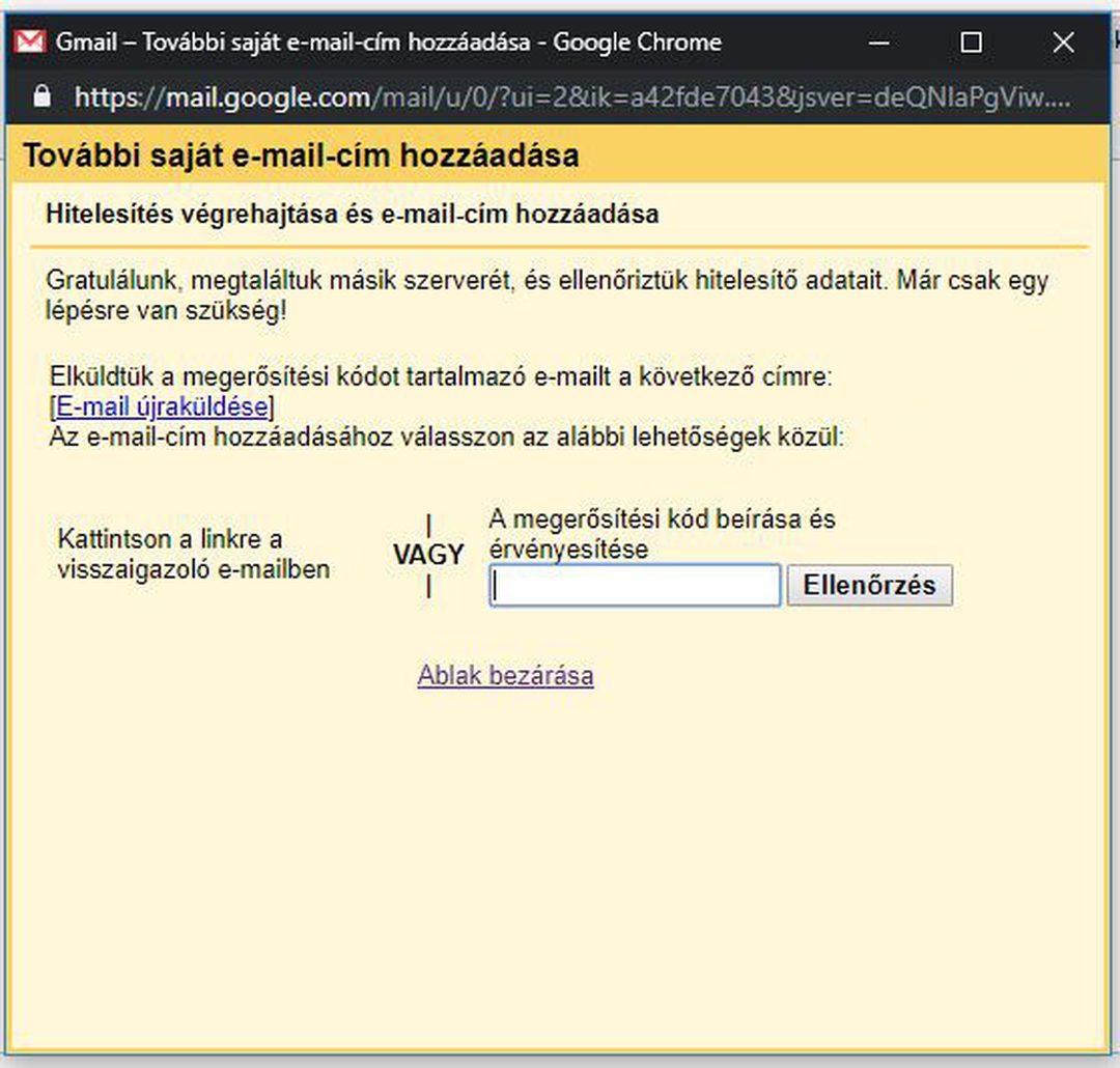 Gmail – hitelesítés: a visszaigazoló kód beírása vagy a link a visszaigazoló e-mailben