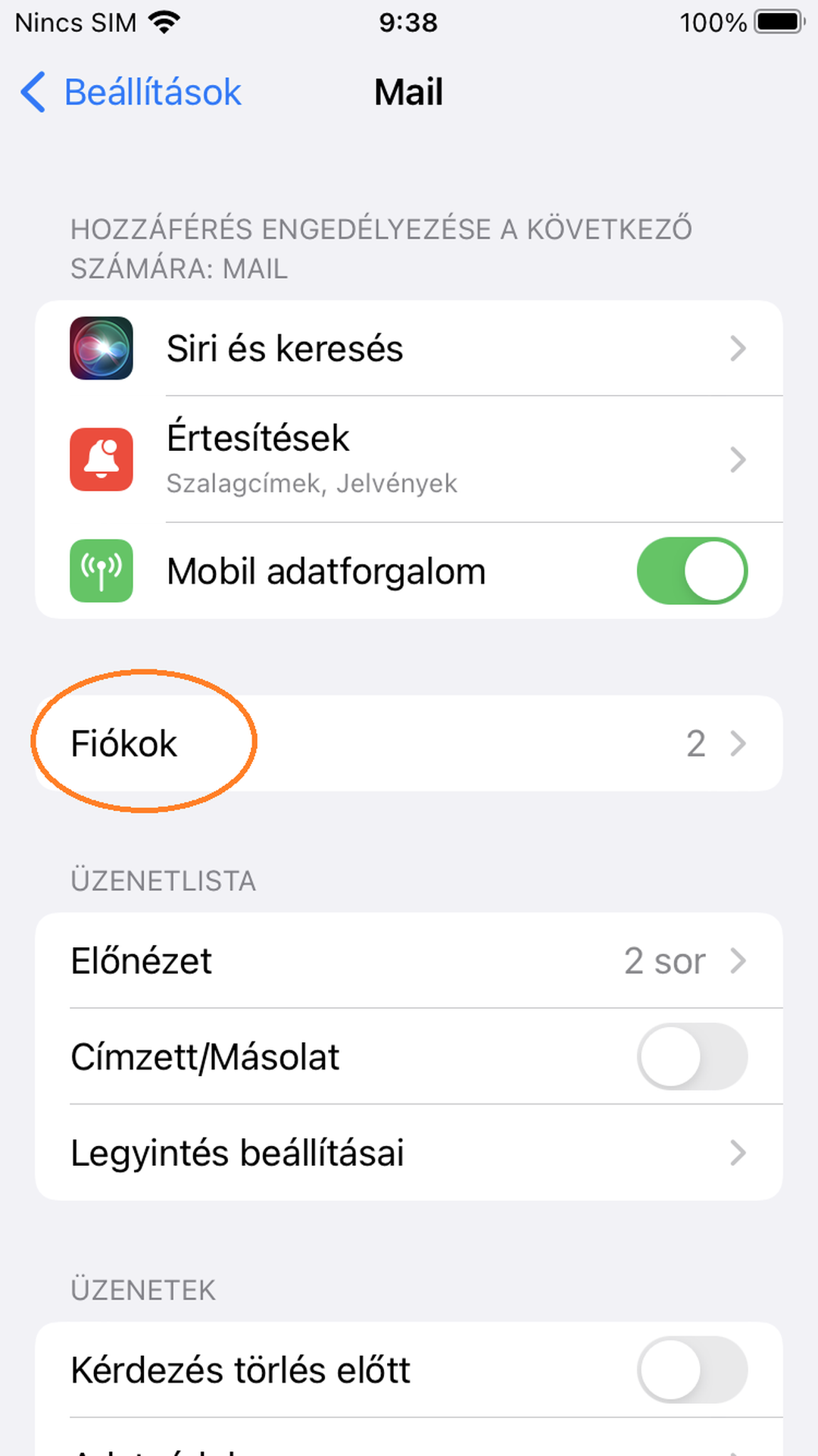 iPhone Mail beállítások – a Fiókok menüpont bekarikázva