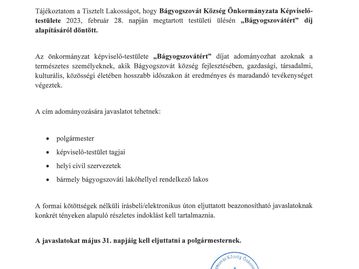 Tájékoztatás "Bágyogszovátért" díj