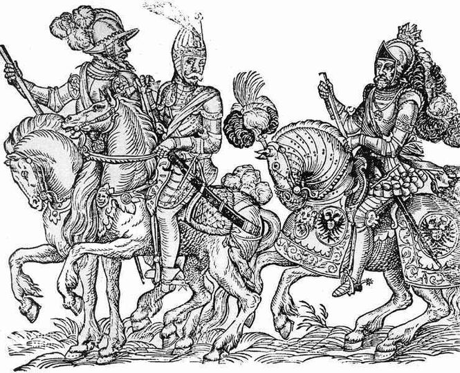 Schwendi Lázár, Thury György (középen) és II. Miksa (fametszet) 