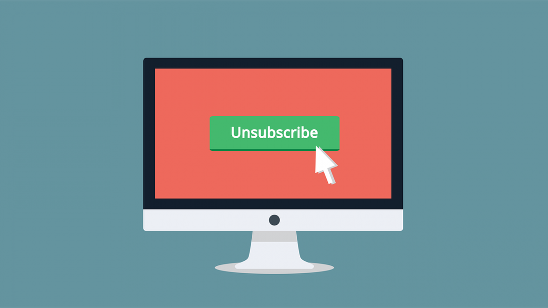 Illusztráció: monitoron egy „Unsubscribe” (leiratkozás) gomb, rajta egérmutatóval