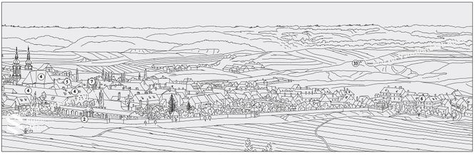 Hárosy Zsigmond 1841-ben megjelent litográfiájához készült 1840-es vázlatrajz keleti harmada. (Soproni Múzeum, SOM-KP 66.29.1) 2. Az evangélikus temető 4. A Szent Domonkos rendiek temploma és kolostora 5. A Somogyi grófi család háza 6. A polgári kórház (a városfalon kívül, Betegház u. 2.?) 7. A Széchényi grófi család palotája 33. A Kurucdomb