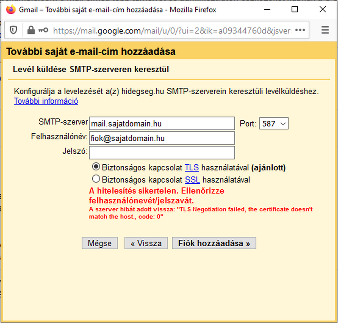 sikertelen hitelesítés hibaüzenete a Gmail levelező kliensben