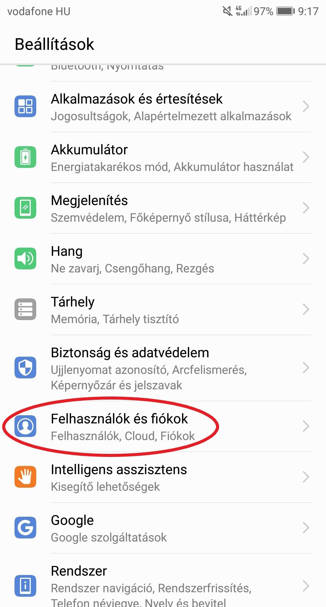 Android beállítások – a Felhasználók és fiókok menü bekarikázva