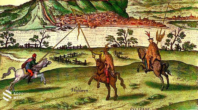 Középkori huszárok csatája, Hoefnagel Esztergomról készített metszetének részlete, 1595