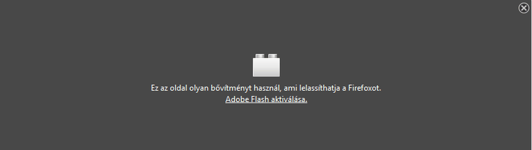 Firefox szürke figyelmeztető mezője LEGO-kocka ikonnal és az „Adobe Flash aktiválása” linkkel