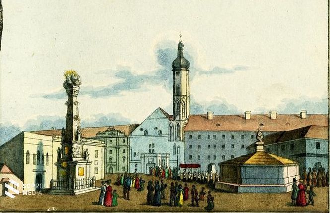 A Szentháromság téren jobbra látható szögletes épület volt a kút, ide a Svábhegyről vezették a vizet 