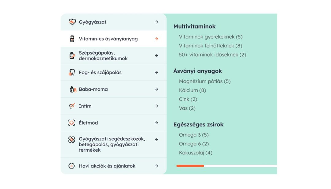 A webshop kategóriamenüje ikonokkal (gyógyászat, vitaminok, szépségápolás, baba-mama) és a lenyíló alkategóriák