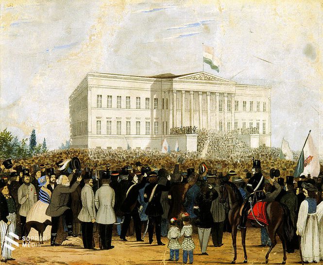 Forradalmi tömeg a Nemzeti Múzeumnál 