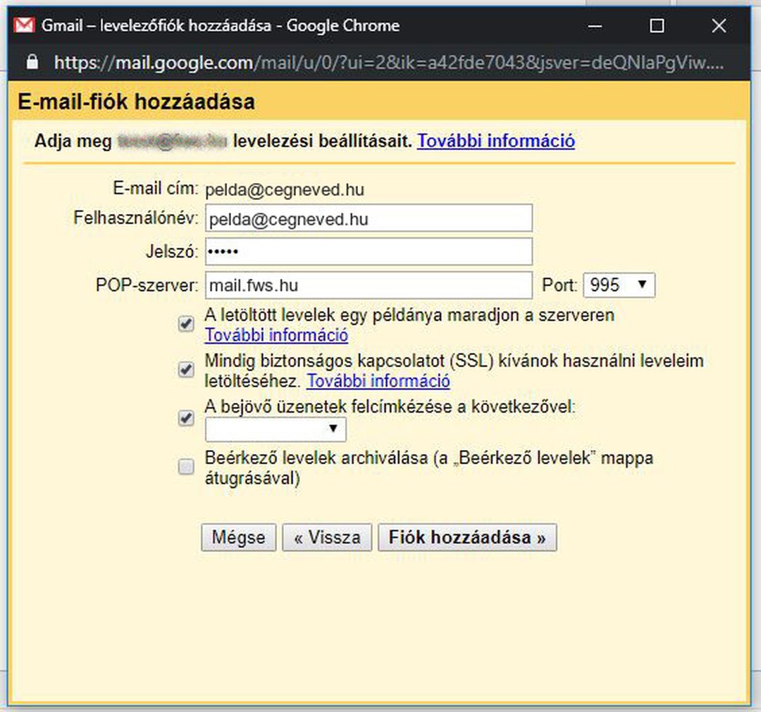 Gmail – levelezési beállítások: felhasználónév pelda@cegneved.hu, POP-szerver mail.fws.hu, port 995