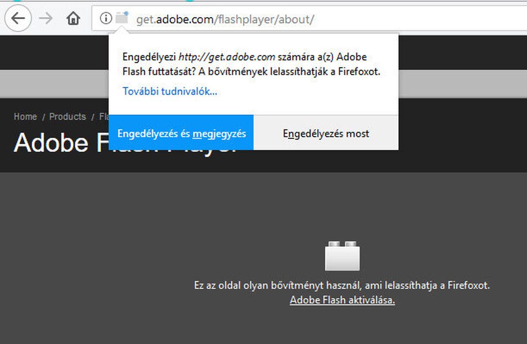 Firefox felugró ablaka a címsor alatt, amely rákérdez a Flash futtatására, kiemelt „Engedélyezés és megjegyzés” gombbal