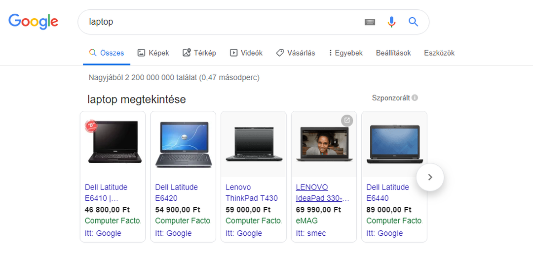 Google-keresés a „laptop” szóra: szponzorált Shopping-hirdetések laptopokkal, termékképpel, árral és bolt nevével