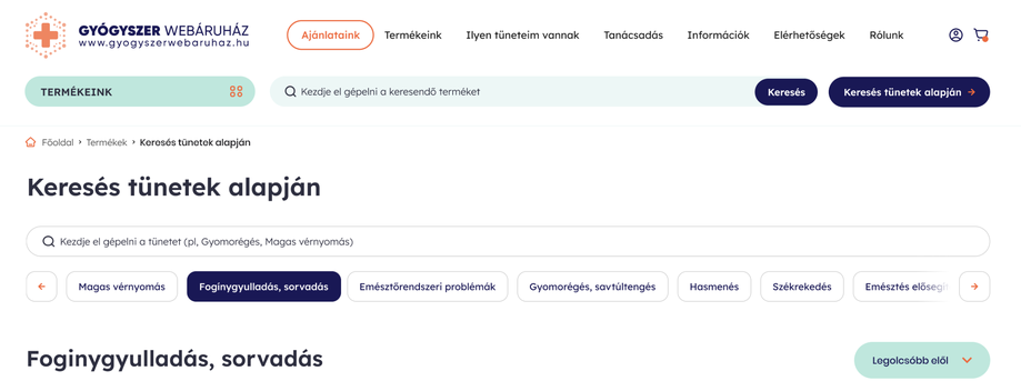 Gyógyszer Webáruház oldalán nem csak az általános kereső érhető el, de tünetekre, panaszokra is lehet szűrni, amely elősegíti a legjobb megoldások megtalálását.