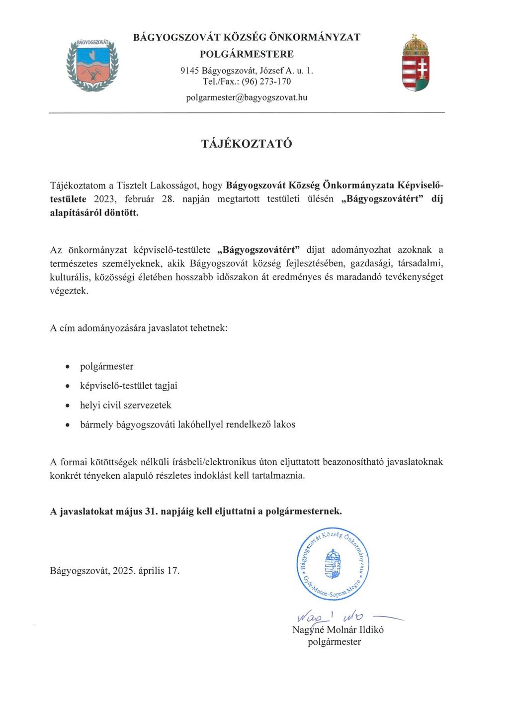 Tájékoztatás "Bágyogszovátért" díj