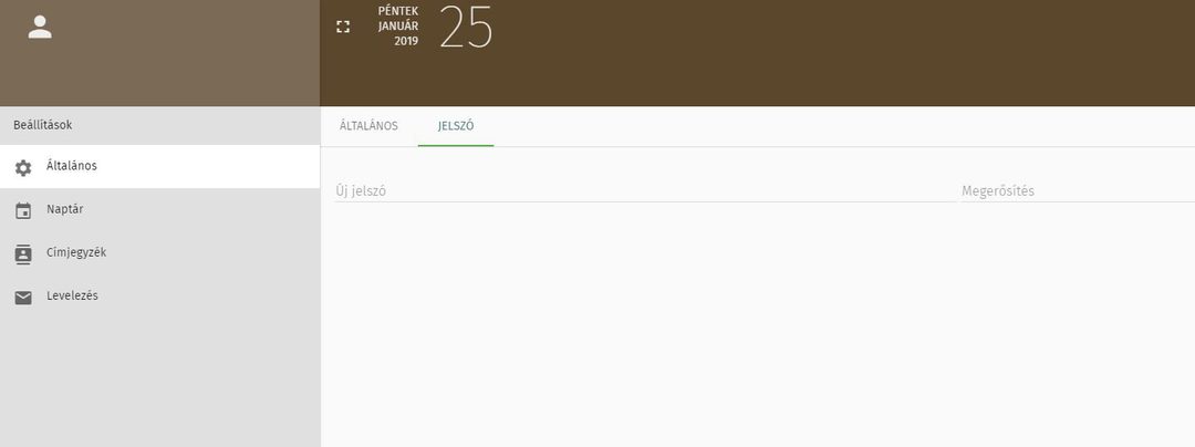 Webmail beállítások – a Jelszó fül az új jelszó mezőkkel